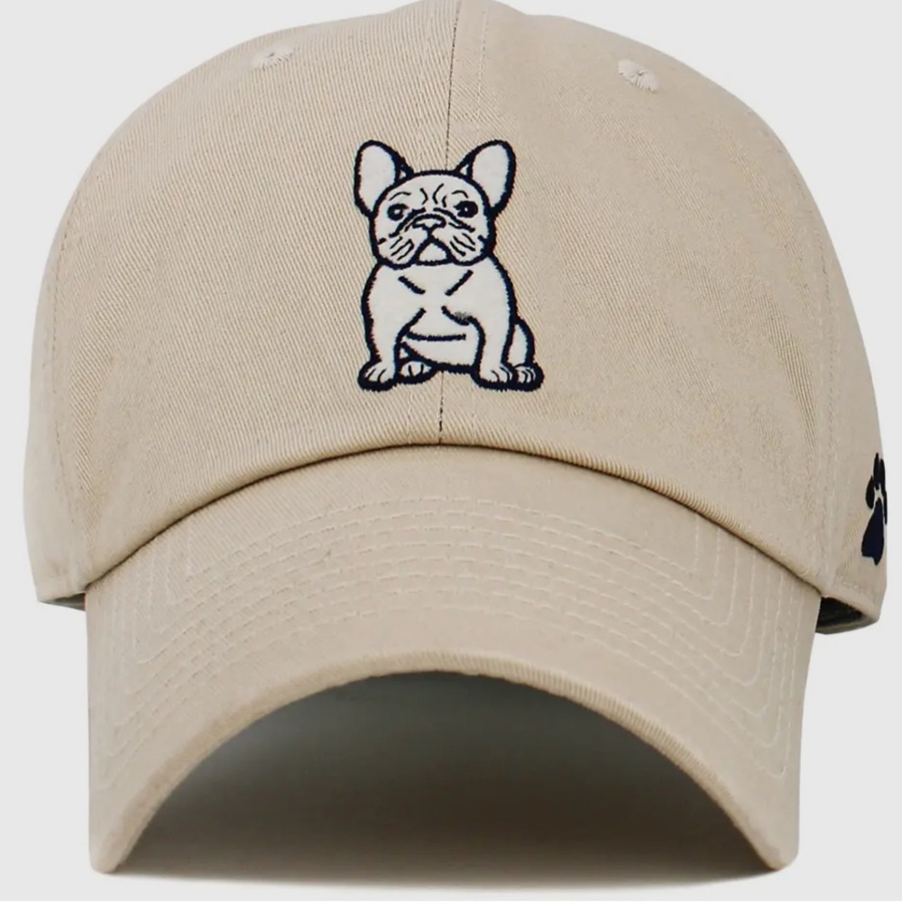 Embroidered French Bulldog Cap in Pink, Black and Khaki/Tan